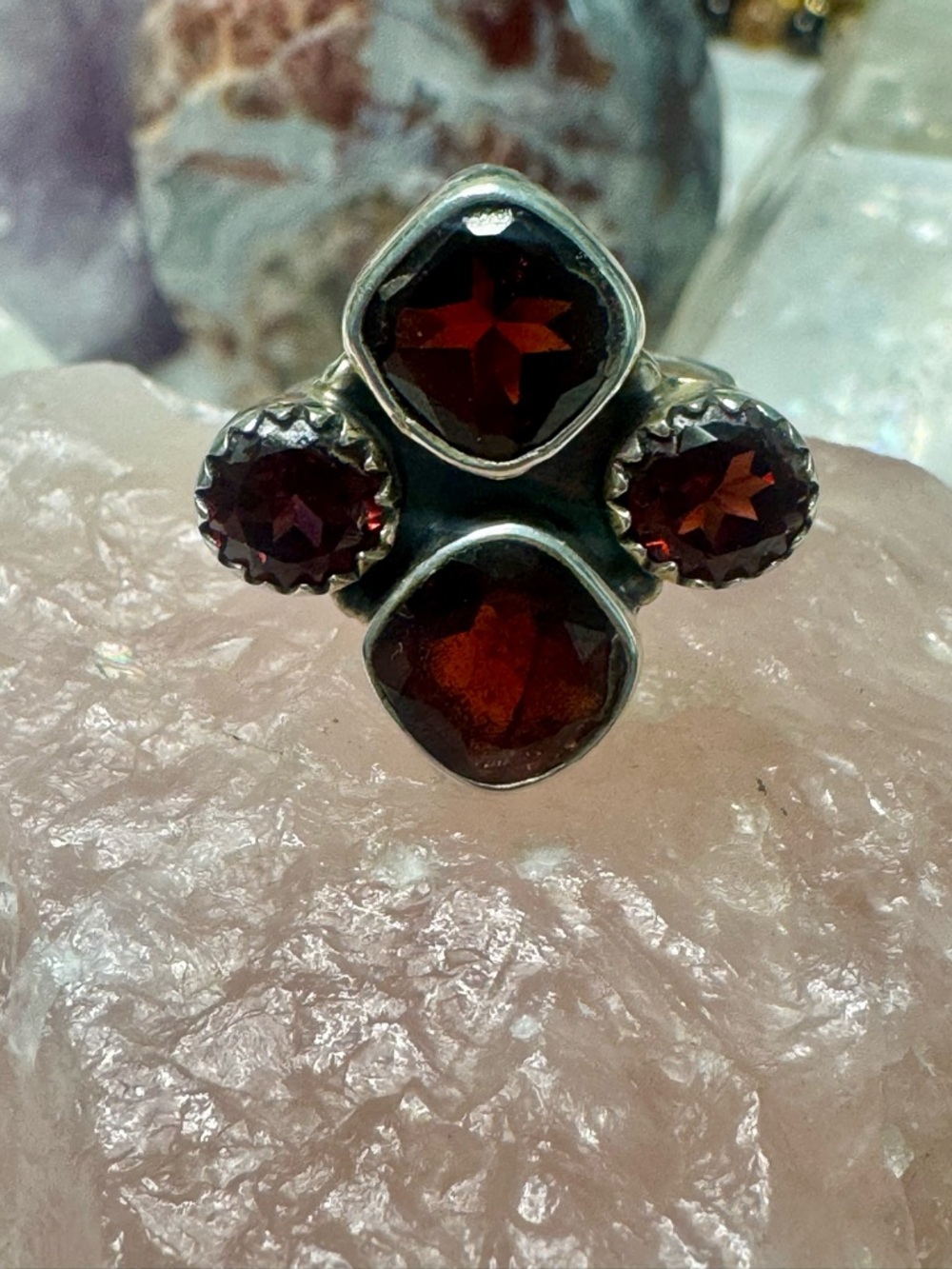 Garnet Sterling Silver Cluster Ring - Rich Red Stones - Size 6